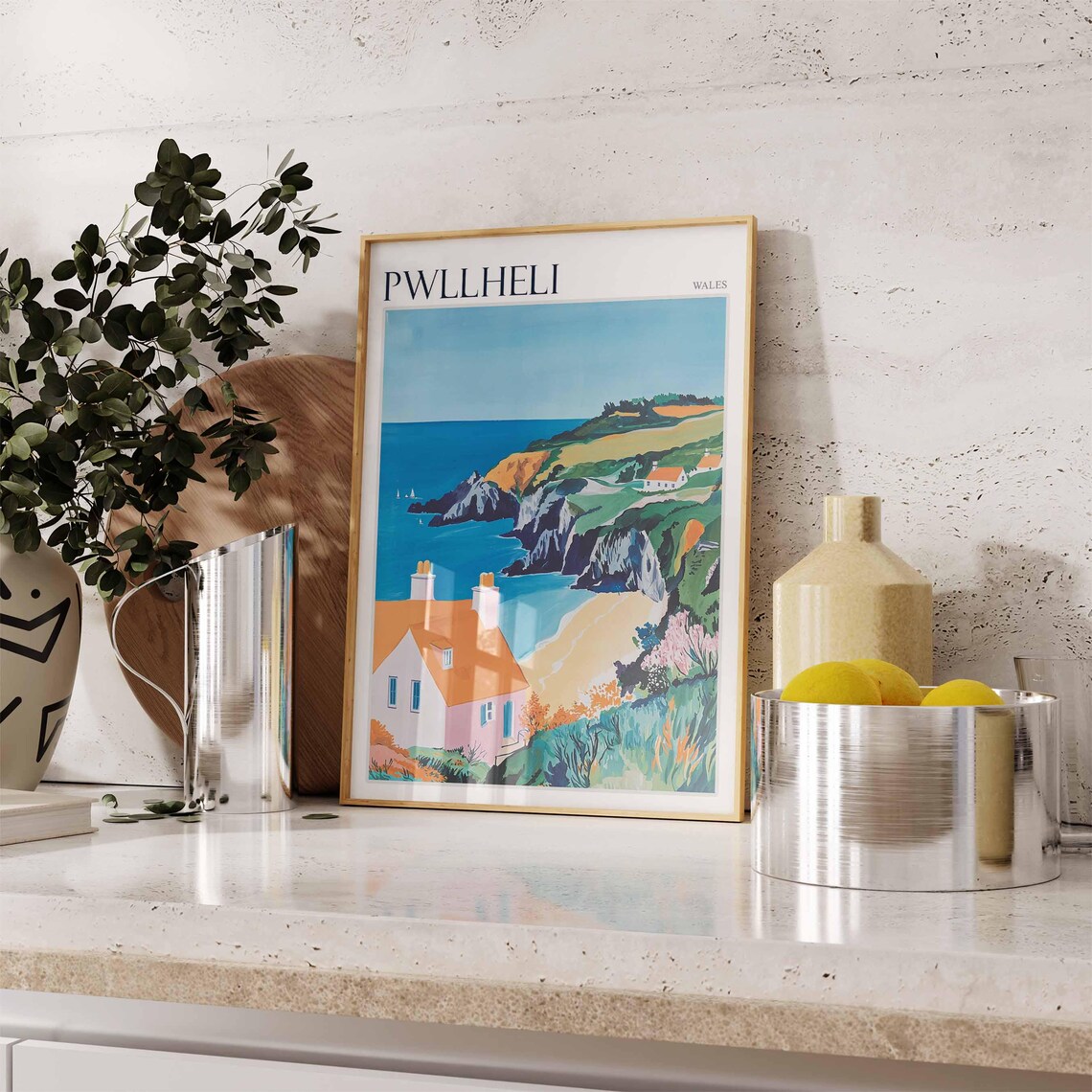 Pwllheli Wales Pink Cottage Orange Roof Rocky Headland Sea Poster - Image 3