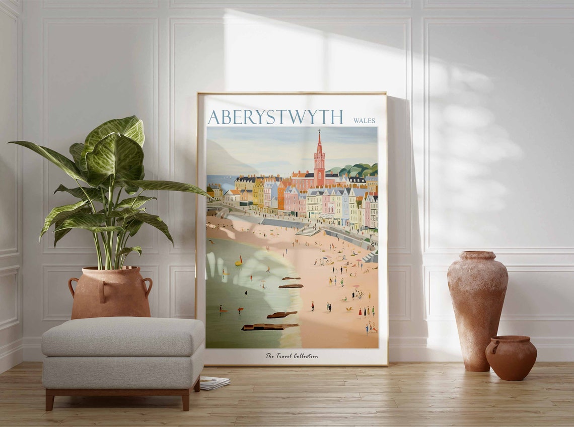Aberystwyth Wales Pastel Beach Seafront Coast Scene Travel Poster - Image 2
