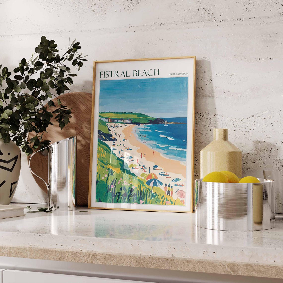 Fistral Beach United Kingdom Cliff View Busy Beach Umbrellas Poster - Image 2