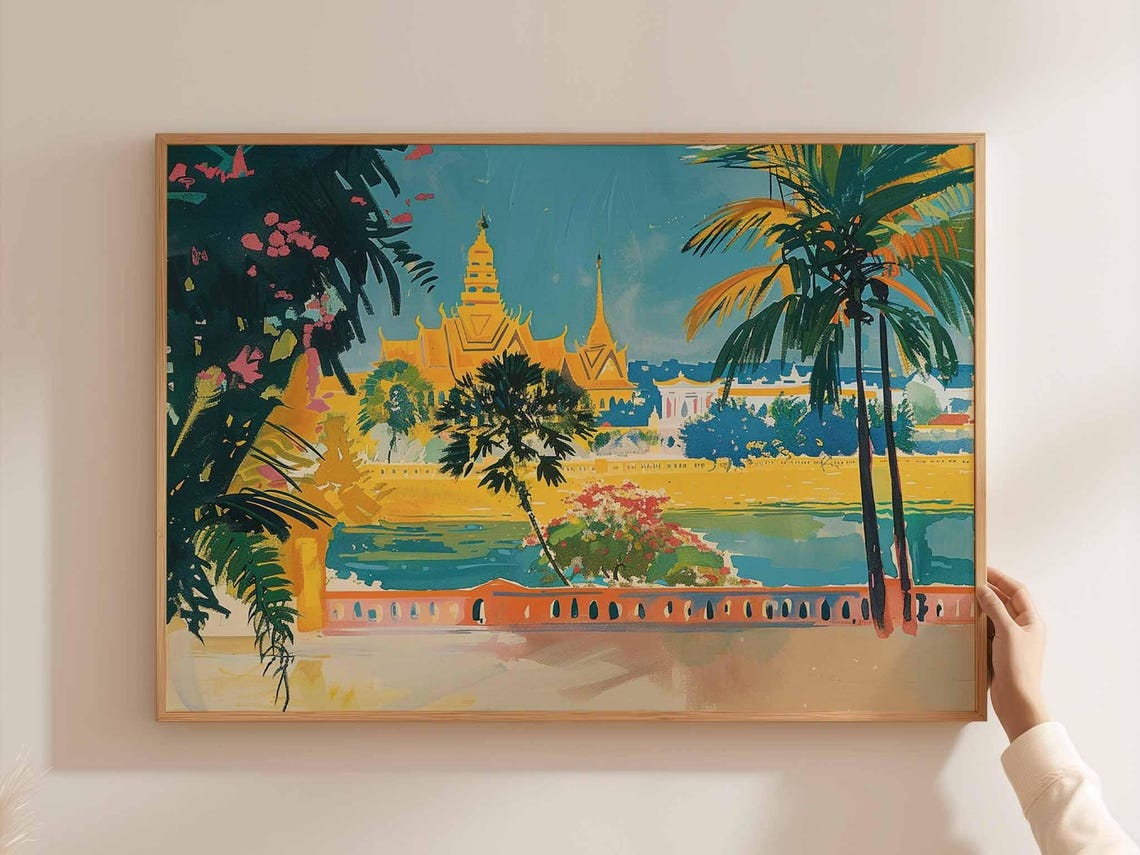Cambodia Golden Royal Palace Riverside Painterly Cityscape Art Poster