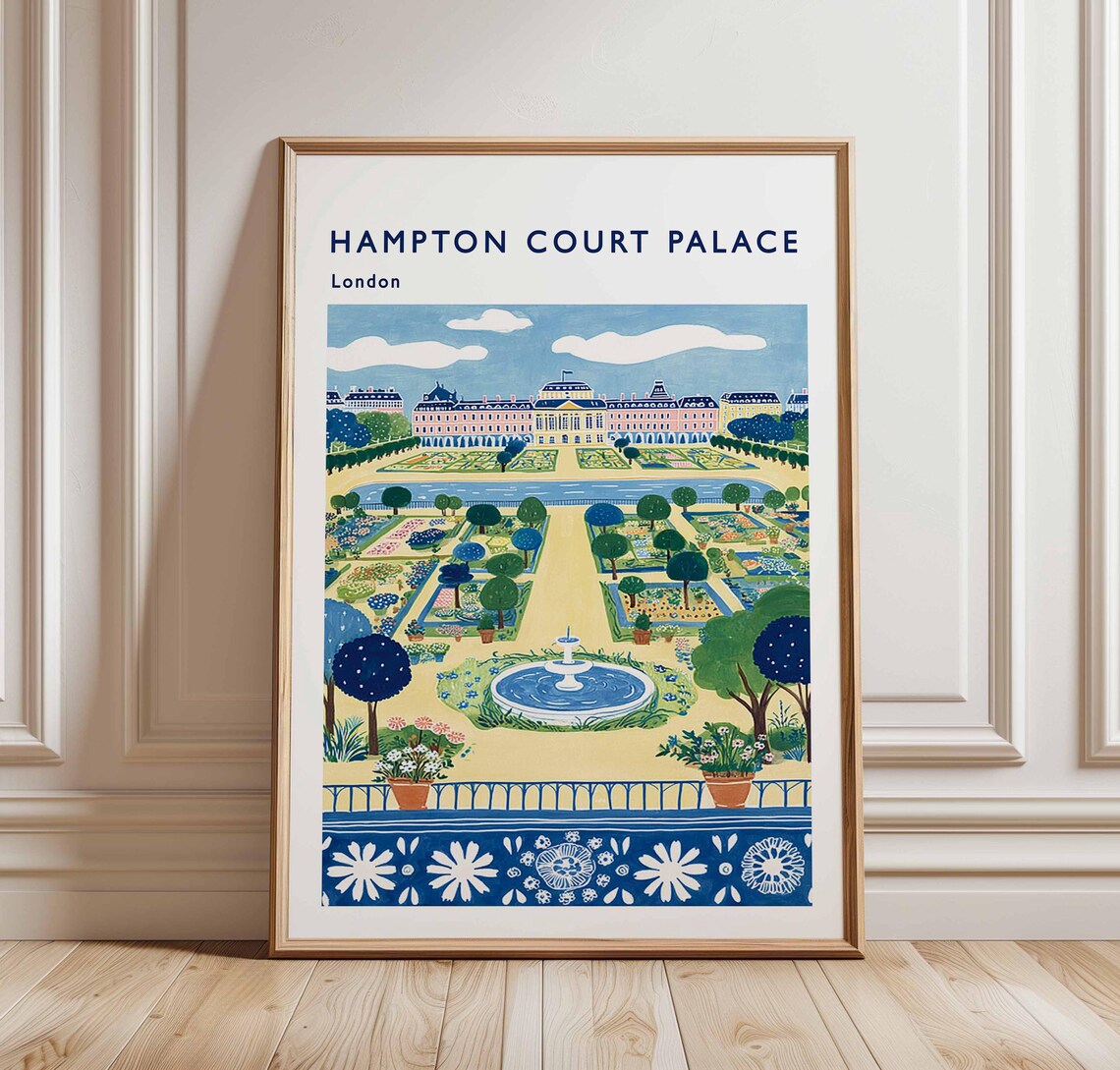 Hampton Court Palace London Colorful Folk Art Gardens Travel Poster