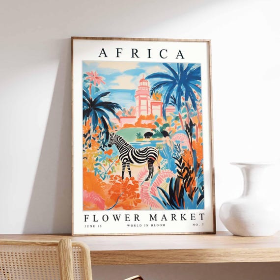 Africa Flower Market Poster Print African Street Scene Wall Art Colourful Botanical Decor Travel