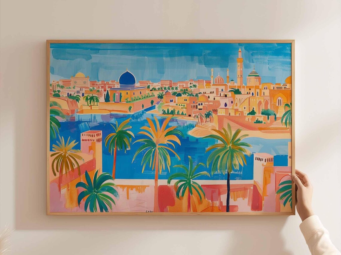 Baghdad Iraq Poster of Colorful River City with Domes and Palms