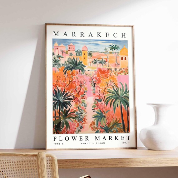 Marrakech Flower Market Travel Poster With Pink Palms And Tropical Blooms