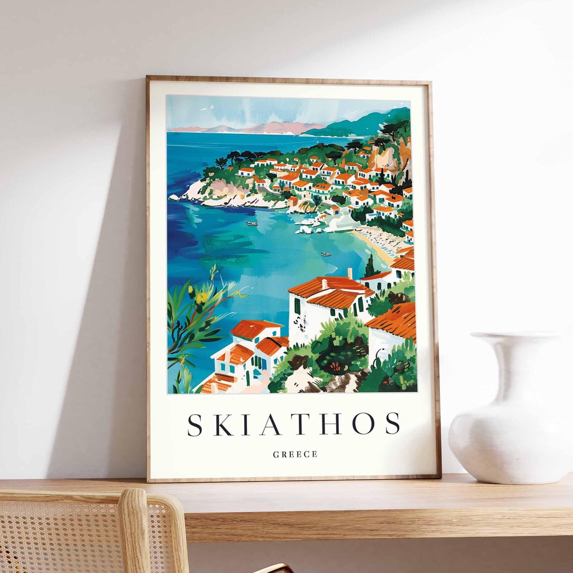 Skiathos Greece Sailboats Anchored Below the White Hill Town Poster