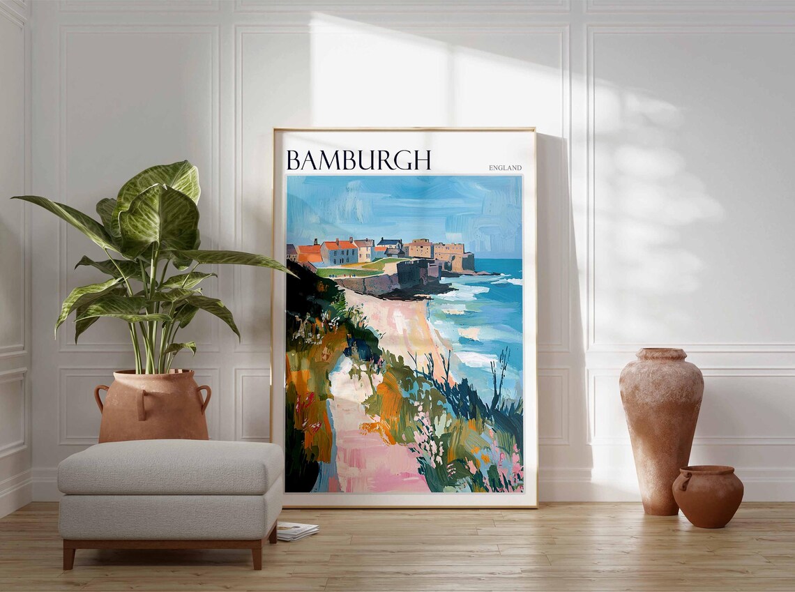 Bamburgh Village and Castle Clifftop Cottages Northumberland Coast Poster - Image 3