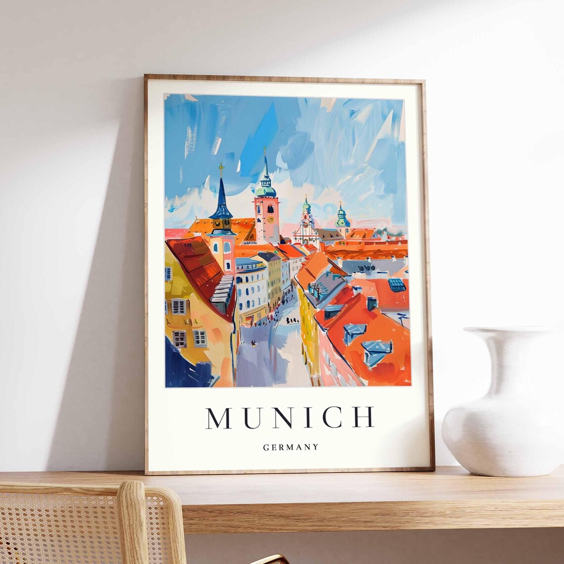 Munich Germany Street Church Towers Red Roofs City View Poster