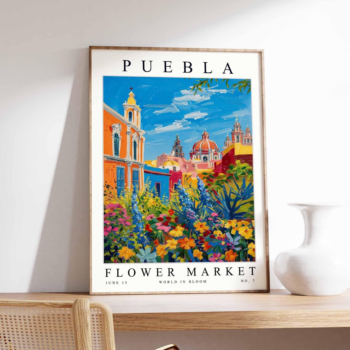 Puebla Colonial Street Domed Church Bright Blue Sky Travel Poster