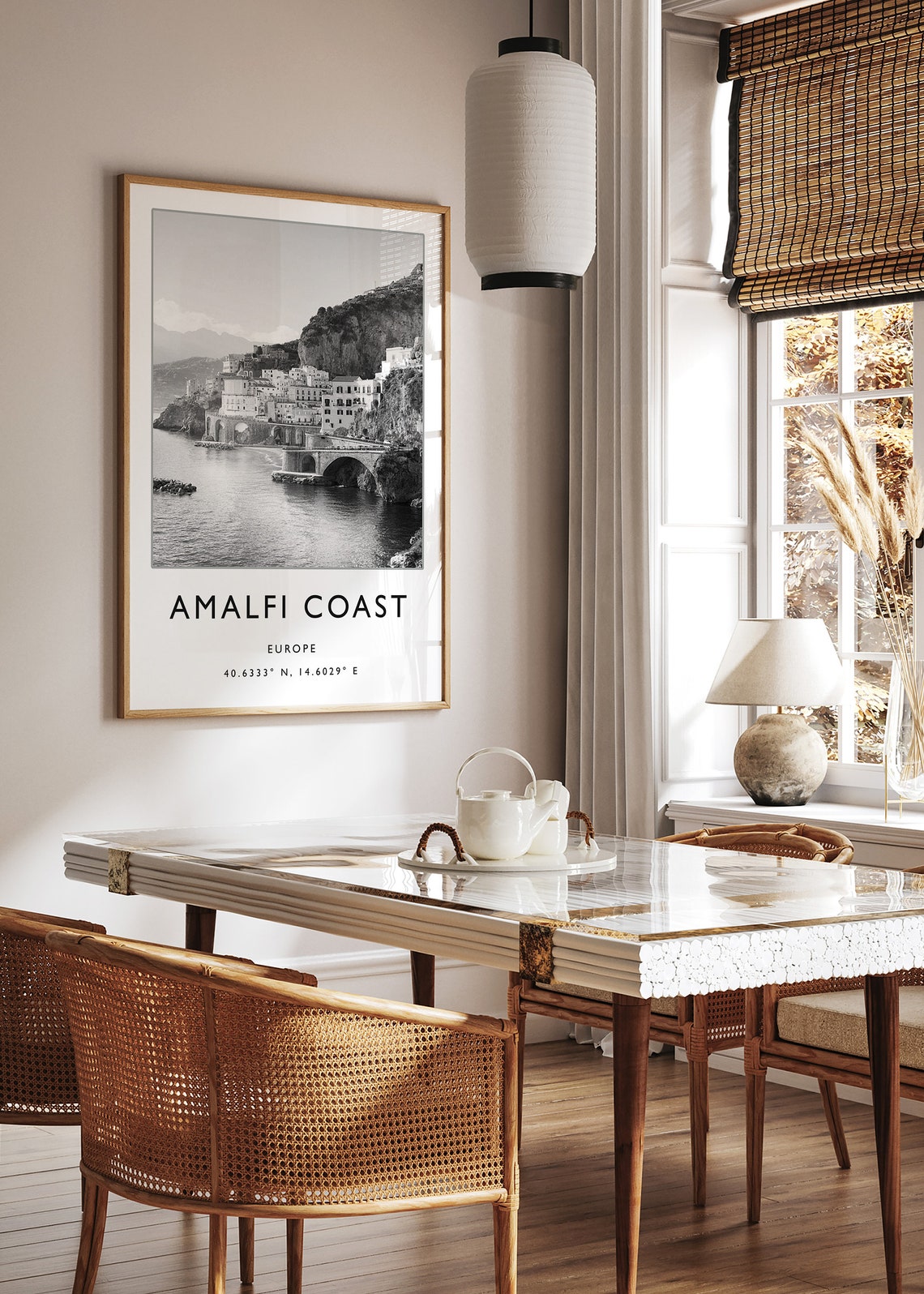 Amalfi Coast Black and White Cliffside Town Photo Travel Poster - Image 3