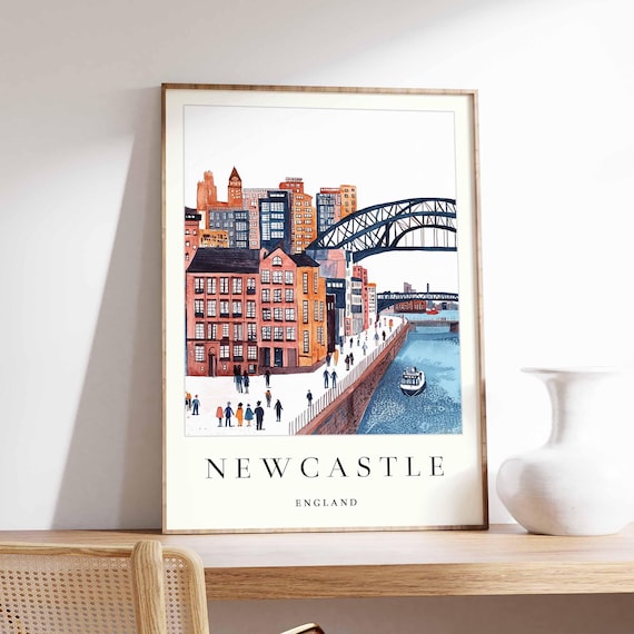 Newcastle England Tyne Bridge Quayside Vintage Cityscape Art Poster