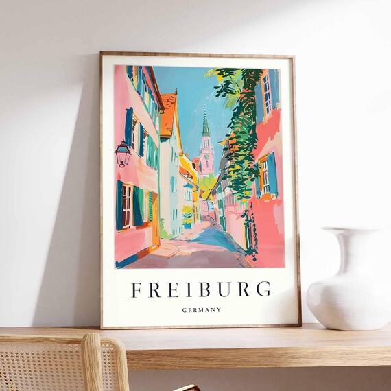 Freiburg Germany Colorful Old Town Street Travel Illustration Poster