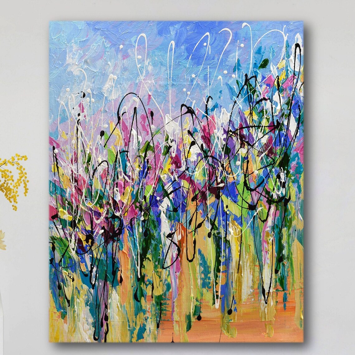 Colorful Abstract Poppy Meadow Blue Pink Orange White Art Poster
