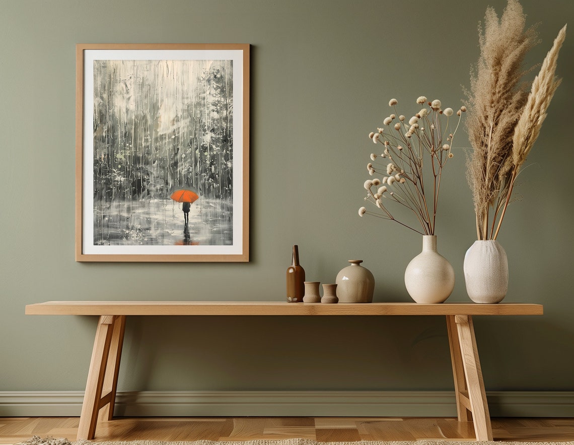 Orange Umbrella In Rainy Day Wall Art Impressionist Oil Painting - Image 4