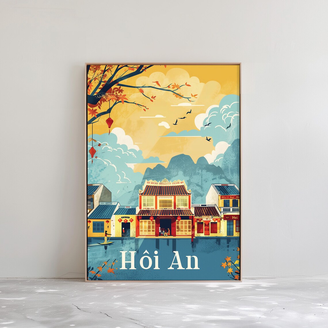 Hoi An Vietnam Old Town Riverside Sunny Day Vintage Travel Poster