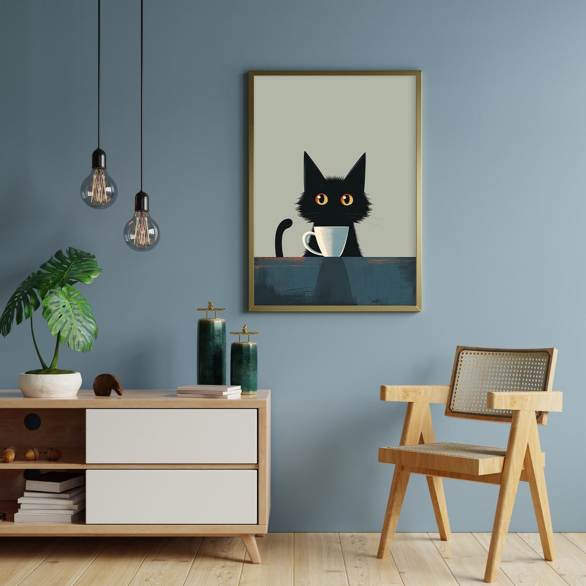 Black Cat Coffee Cup Minimalist Sage Funny Modern Cat Art Poster - Image 4