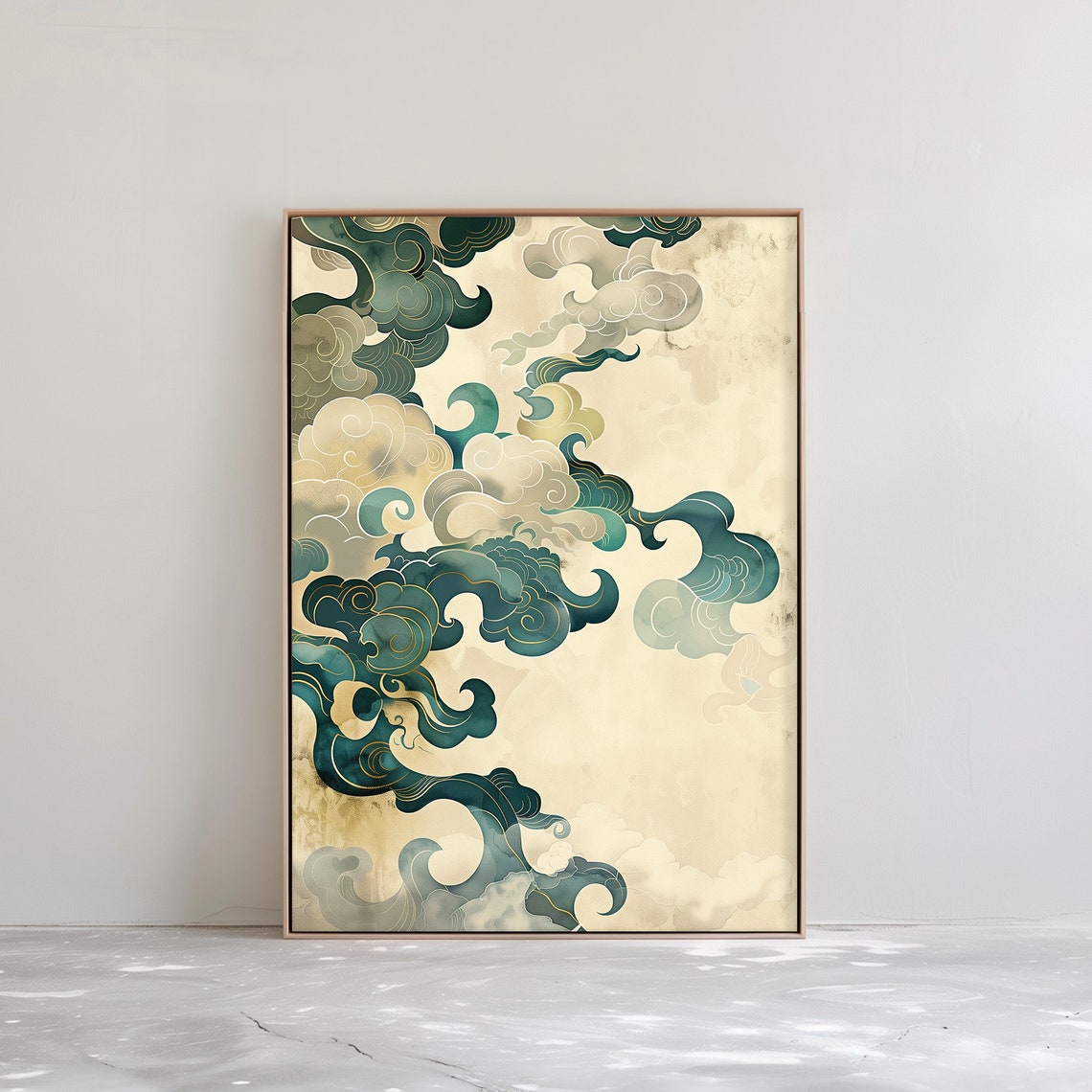 Japanese Teal Cloud Swirls Abstract Asian Wave Gold Art Poster