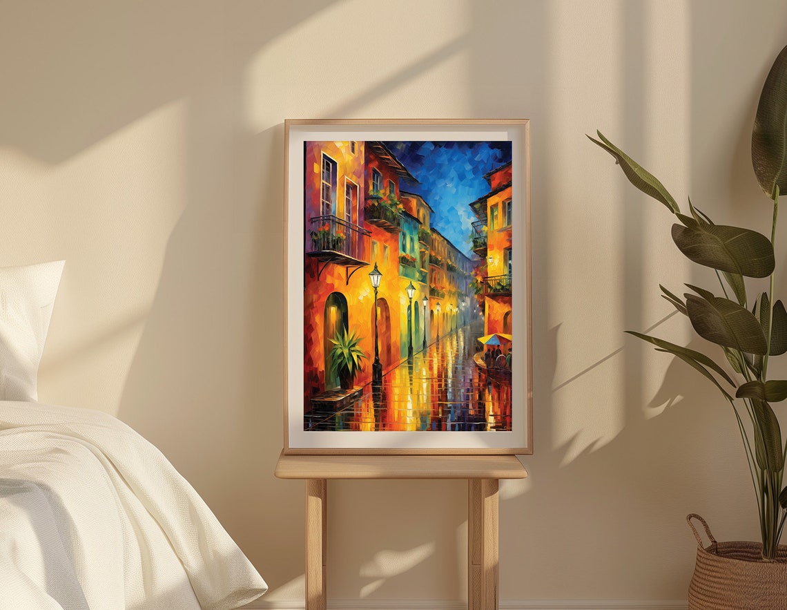 Colorful Mediterranean Village Street By Night Wall Art European Village Oil Painting Colorful Decor - Image 5