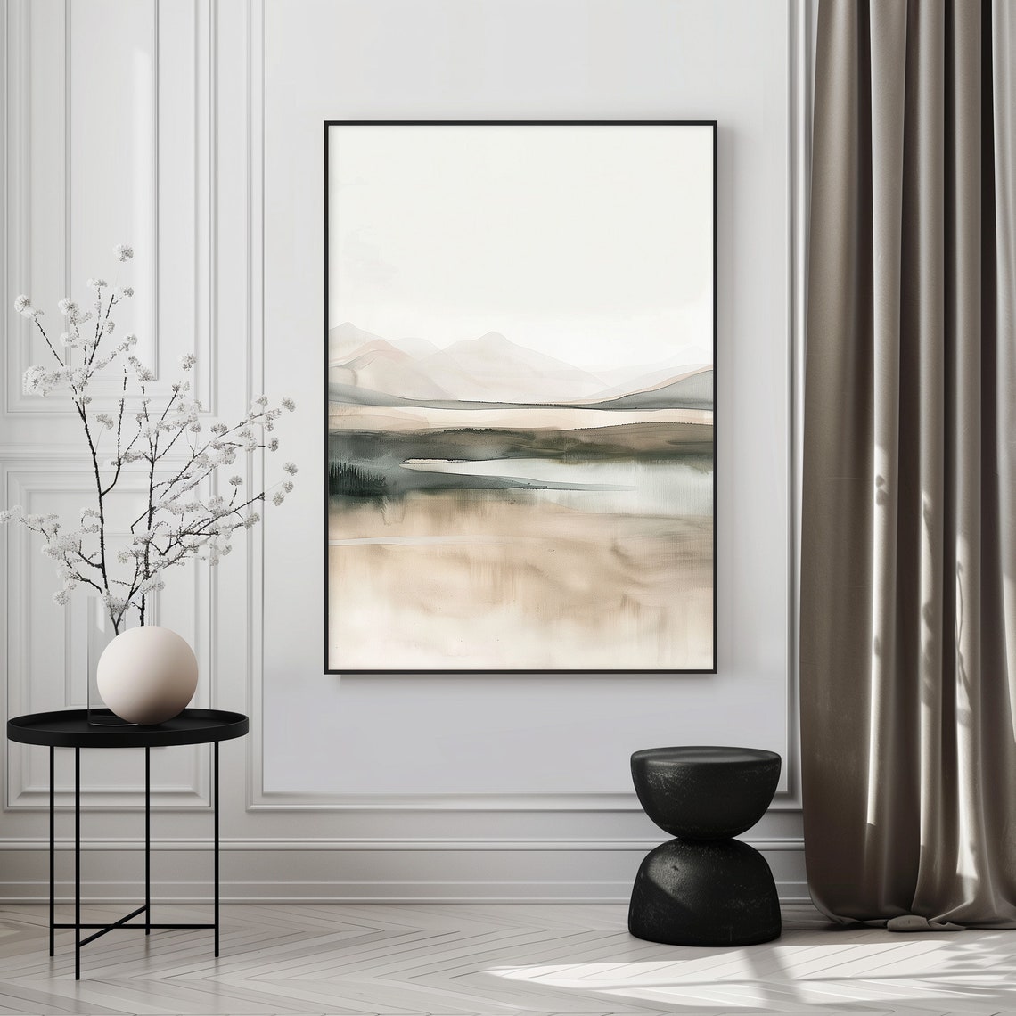 Misty Beige Watercolor Mountain Lake Soft Neutral Landscape Poster - Image 3