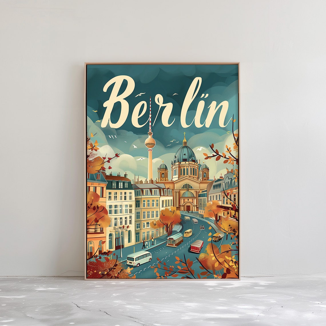 Classic Berlin Script Autumn Street TV Tower Vintage Travel Poster
