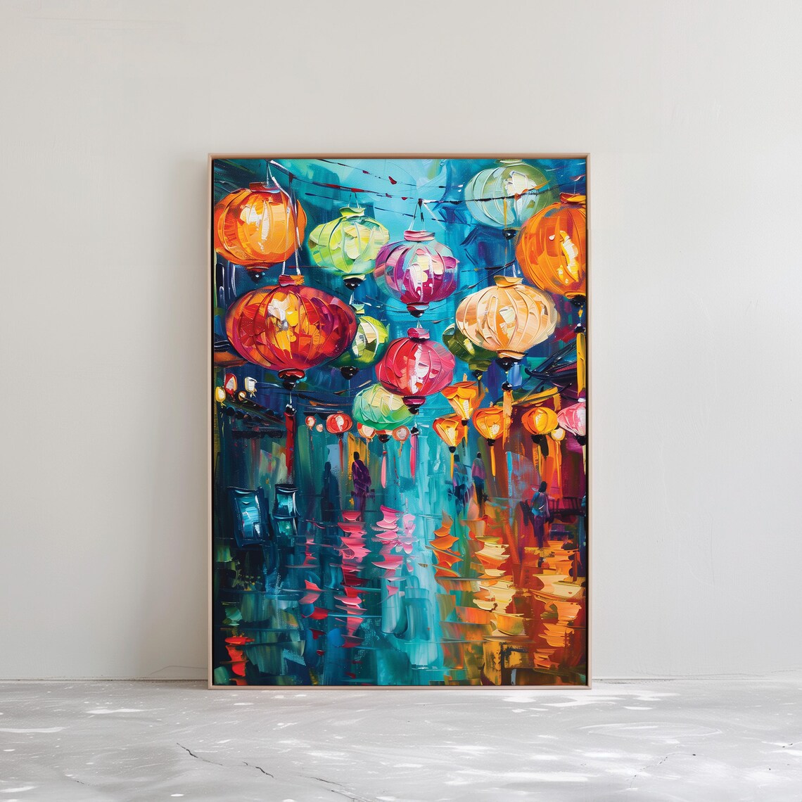 Colorful Asian Paper Lantern Festival Night Oil Painting Glow Poster