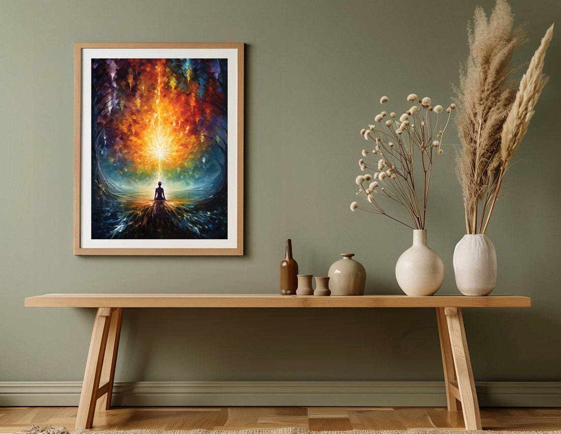 Meditating Silhouette Cosmic Light Explosion Spiritual Energy Poster - Image 3