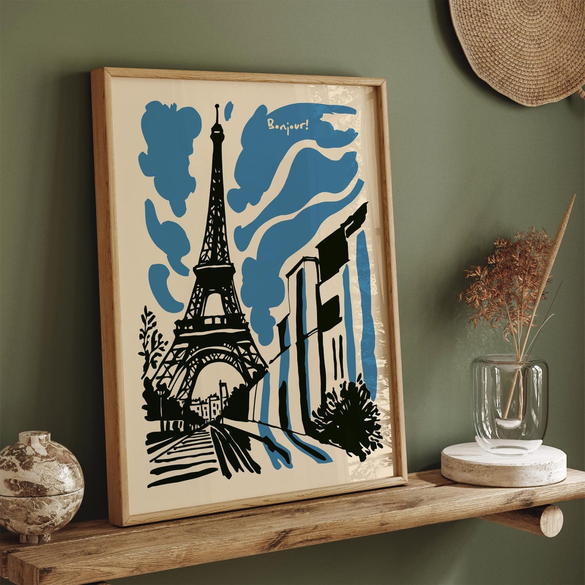 Bonjour Paris Eiffel Tower Blue Ink Modern Travel Art Poster