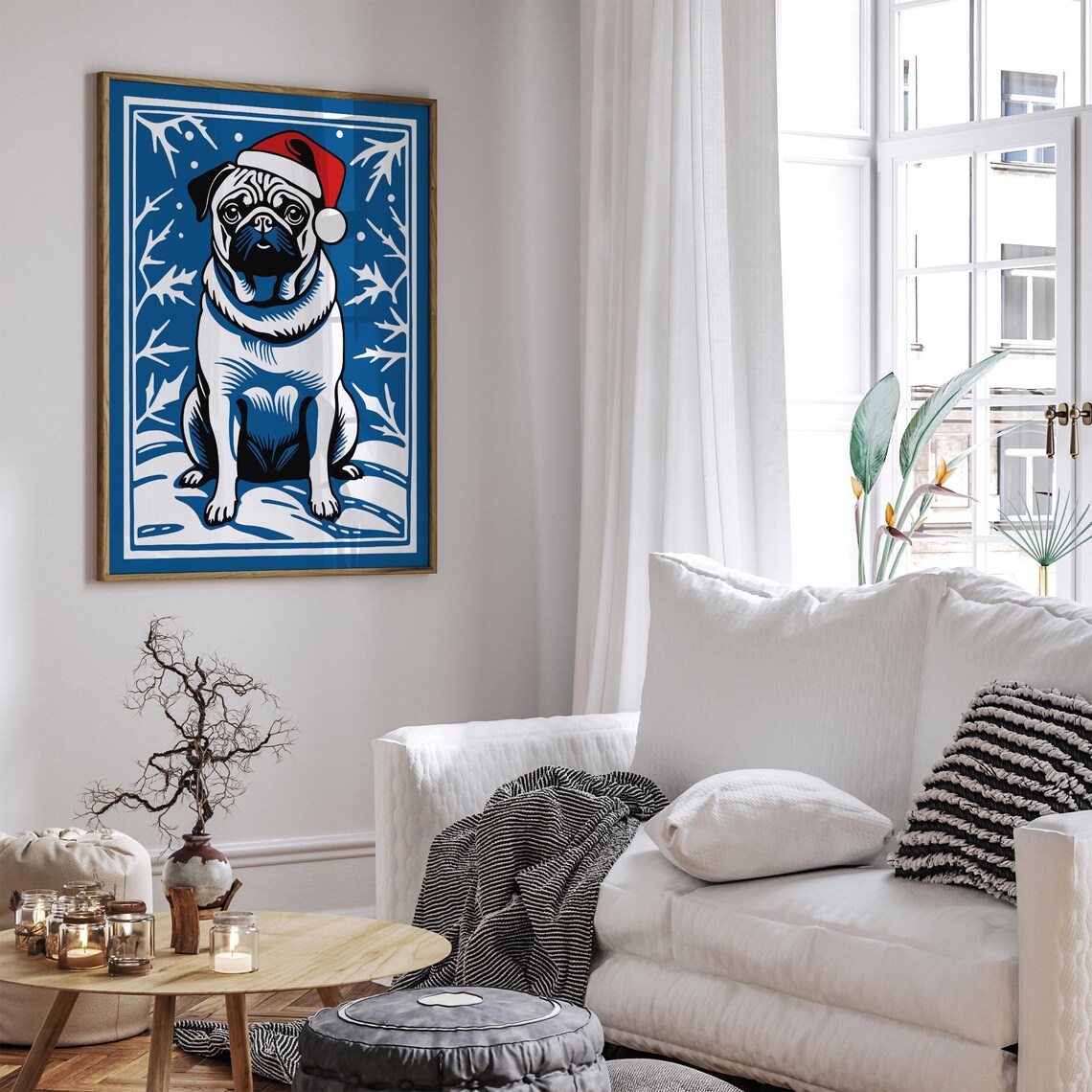 Cute Christmas Pug Dog in Santa Hat Blue Winter Scene Pet Poster - Image 4