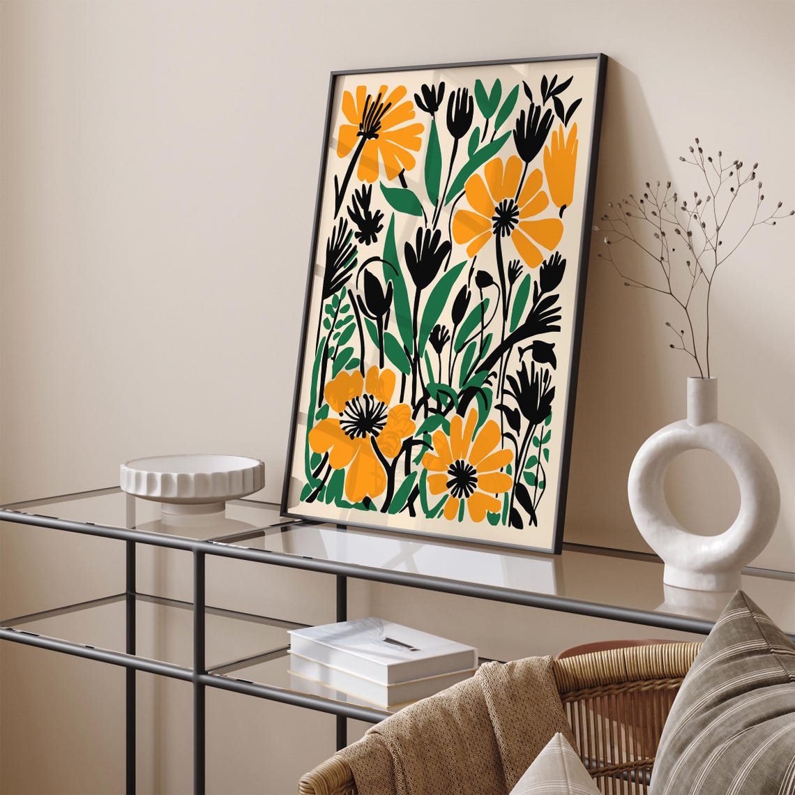 Bold Modern Floral Abstract Poster Orange Black and Green Blooms - Image 4