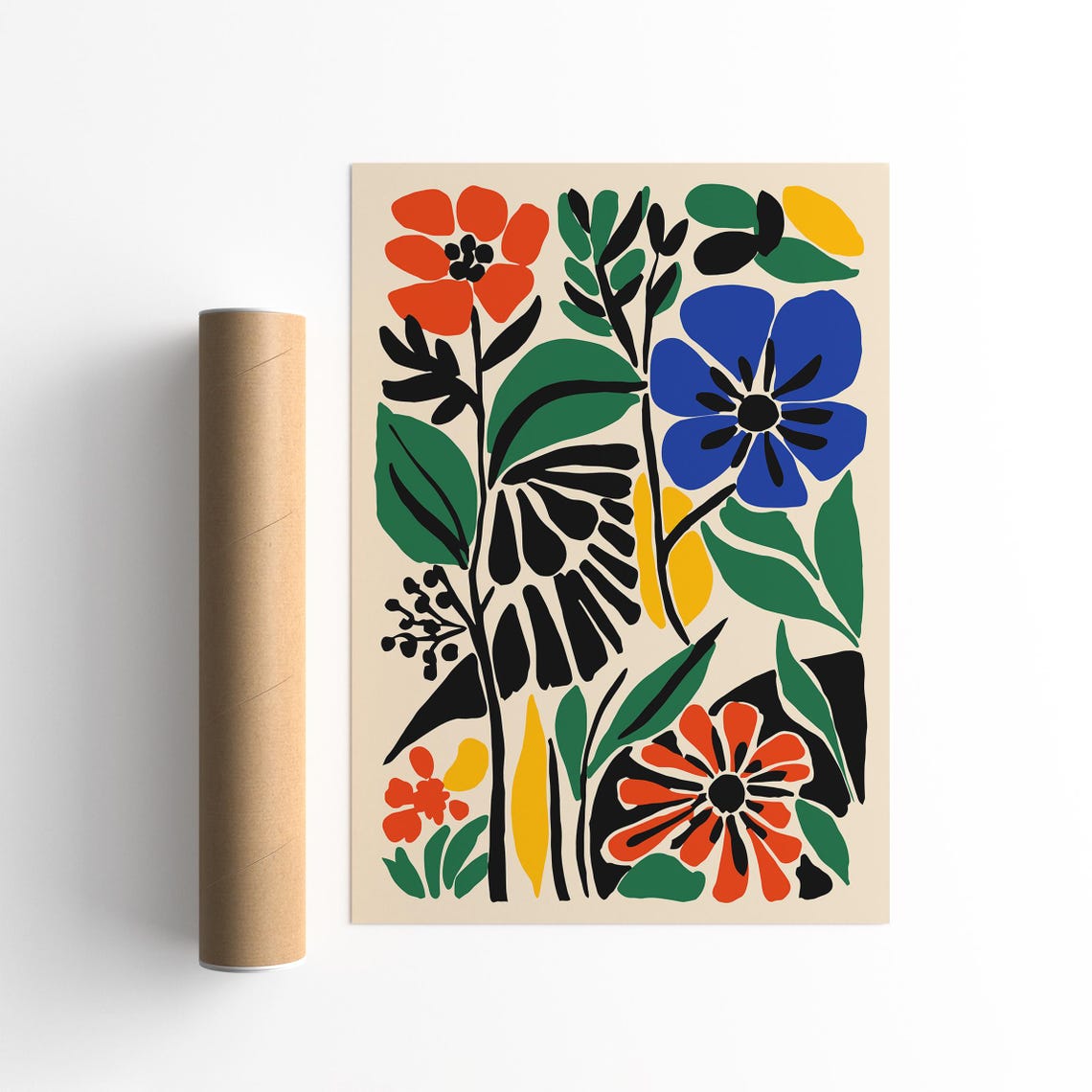 Bold Graphic Flower Garden Poster Red Blue and Yellow Abstract Blooms