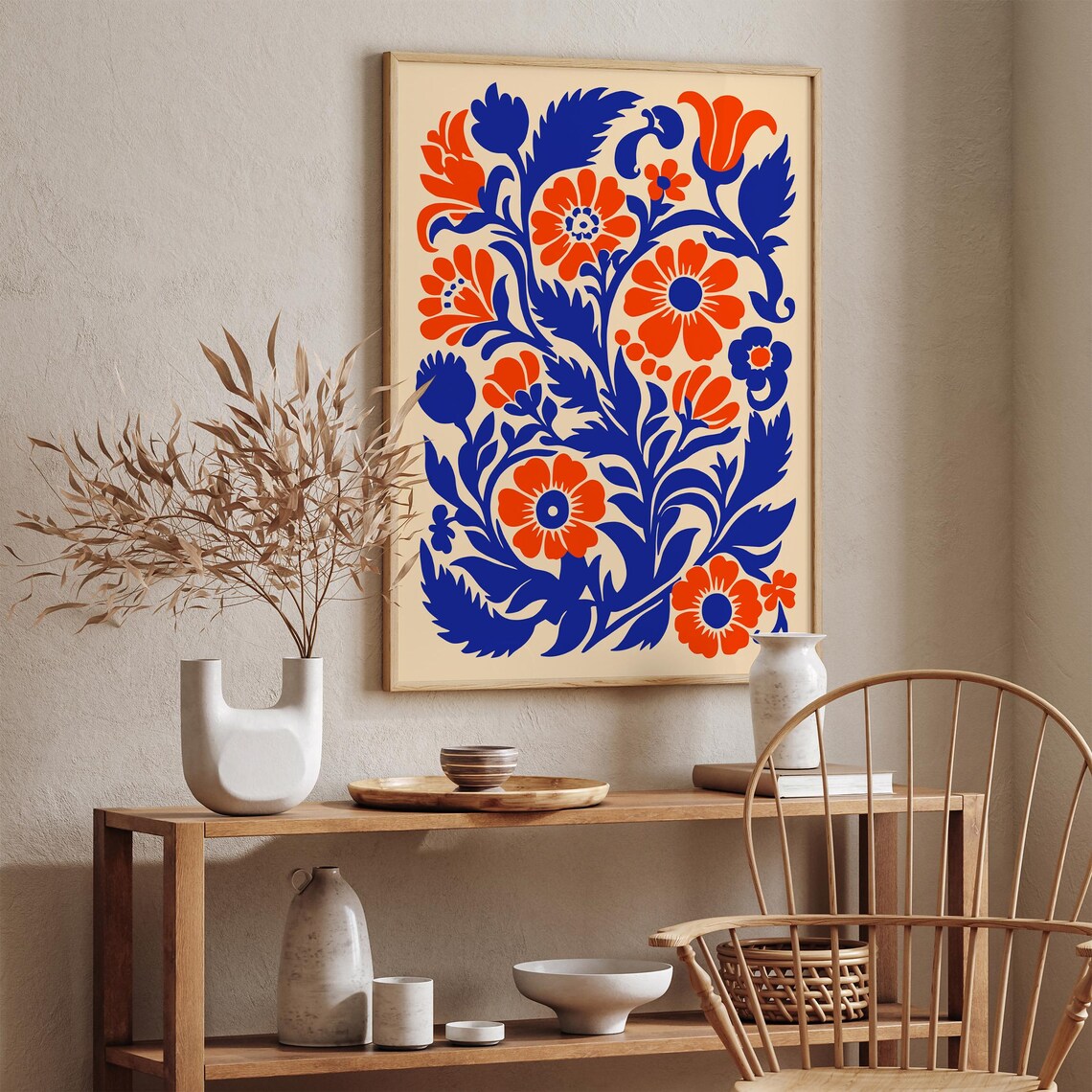 Folk Art Floral Blue Orange Papercut Style Botanical Wall Poster - Image 5