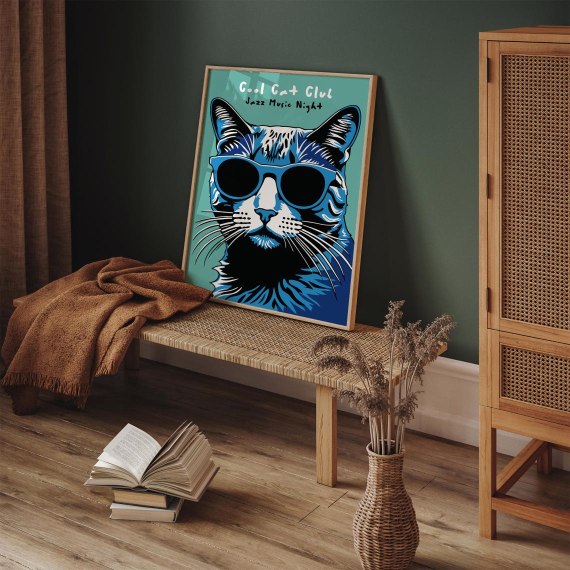 Cool Cat Club Jazz Music Night Blue Cat Sunglasses Fun Poster - Image 3