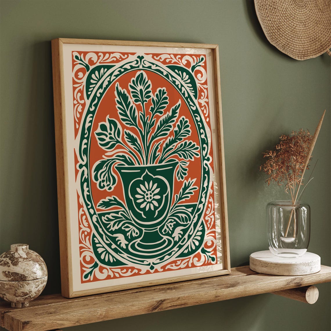 Green Urn Foliage Orange Rococo Botanical Kitchen Art Poster - Image 3