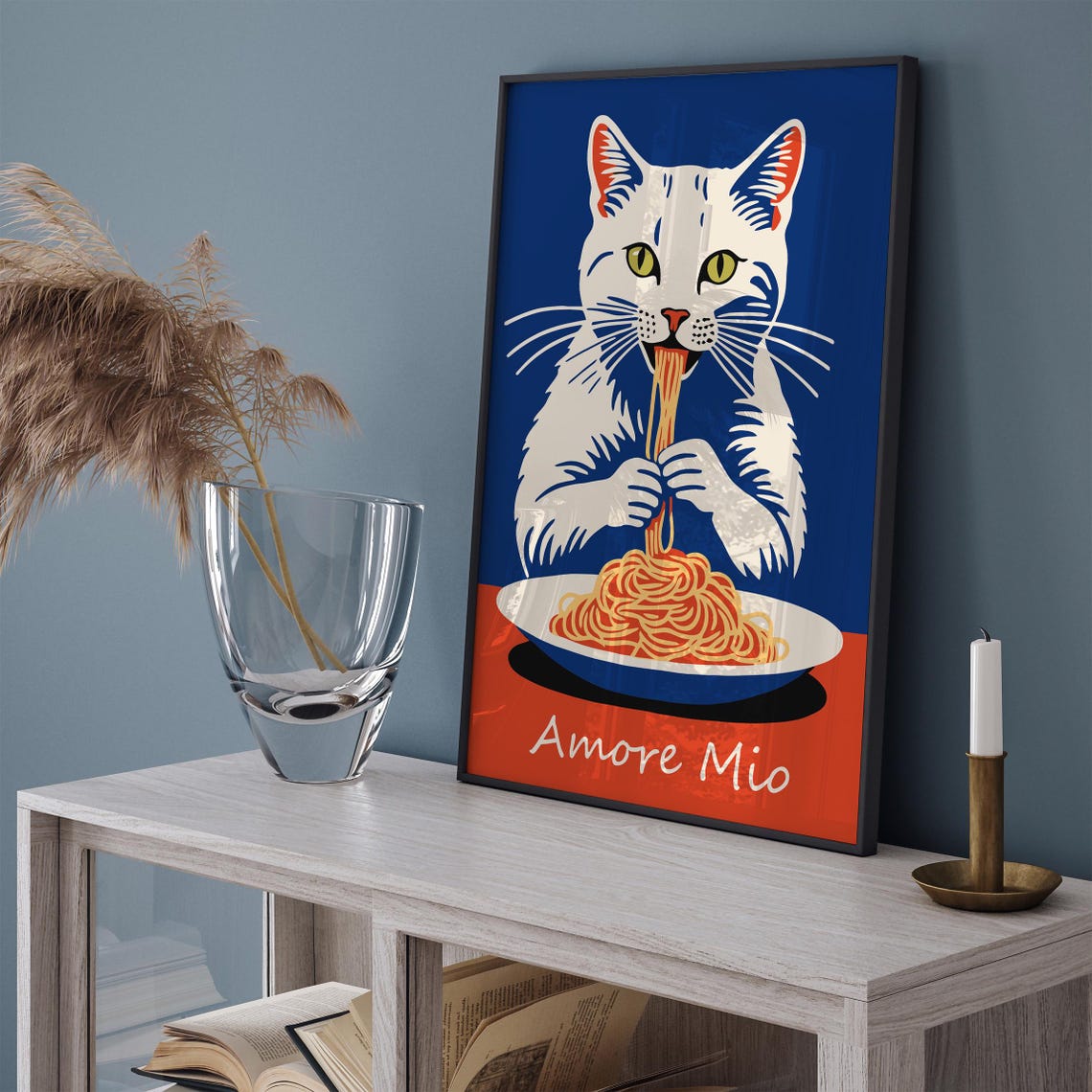 Cute Amore Mio Cat Eating Spaghetti Funny Italian Pop Art Poster - Image 3