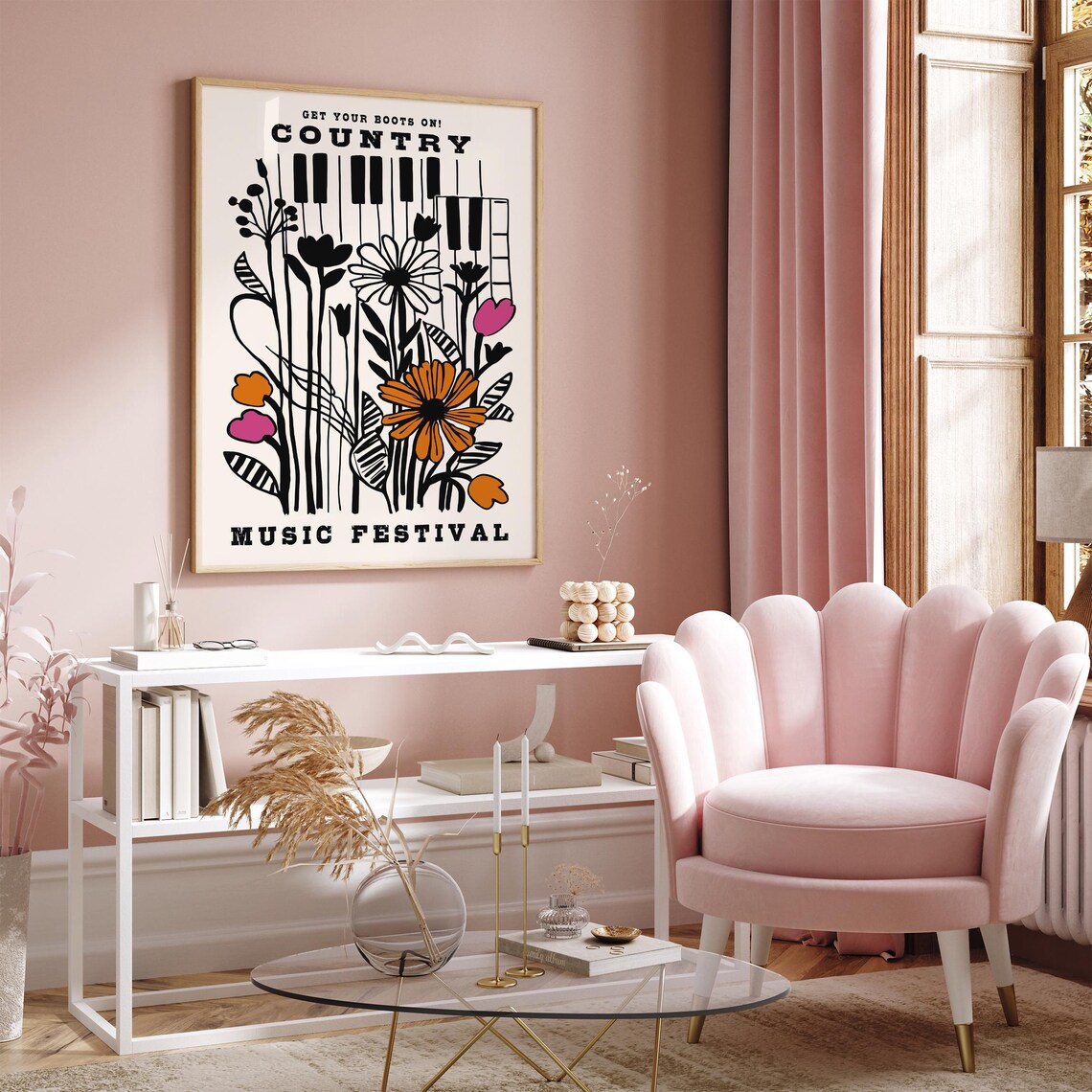Country Music Festival Floral Piano Keys Retro Western Art Poster - Image 2