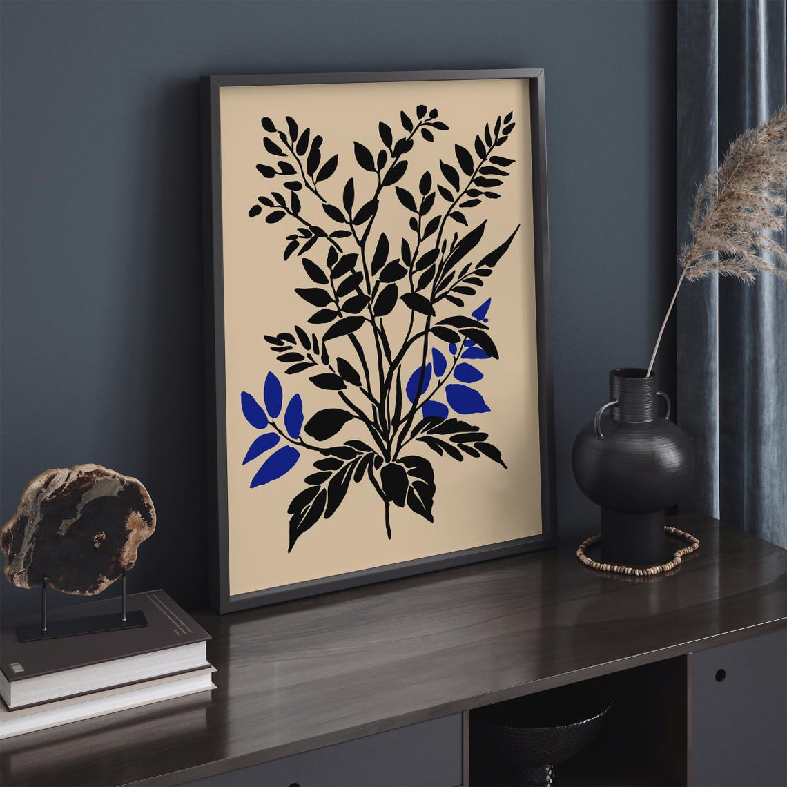Black Blue Leaf Silhouette Minimalist Botanical Rustic Art Print - Image 3