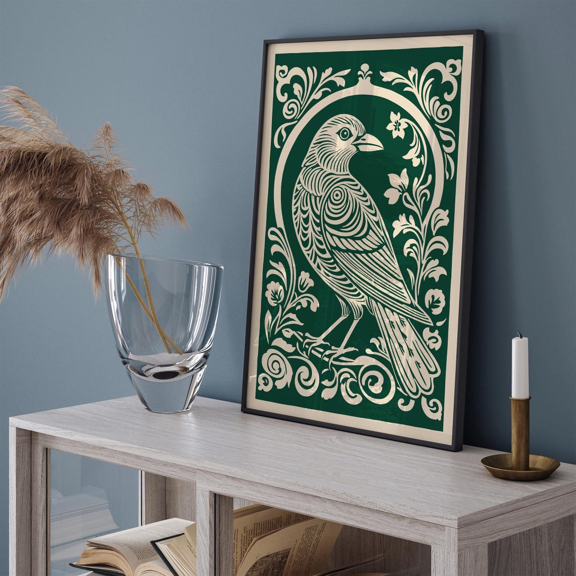 Cream Songbird on Deep Emerald Rococo Baroque Ornate Bird Poster - Image 4