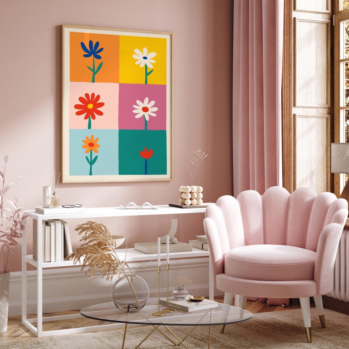Retro 70s Six Panel Bold Colorful Blooming Flowers Grid Poster - Image 2