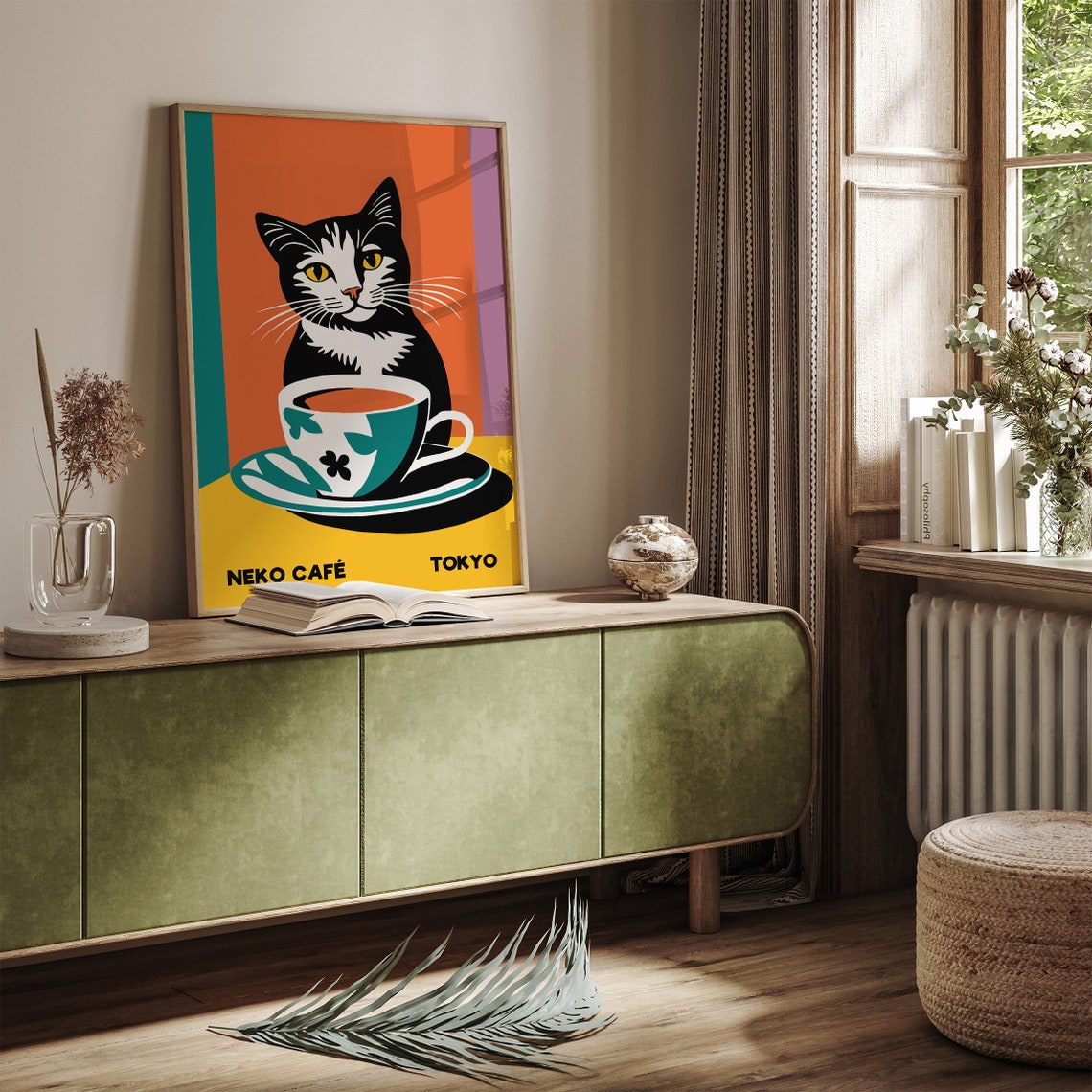 Tokyo Neko Café Black Cat With Teacup Bold Retro Pop Art Poster - Image 2