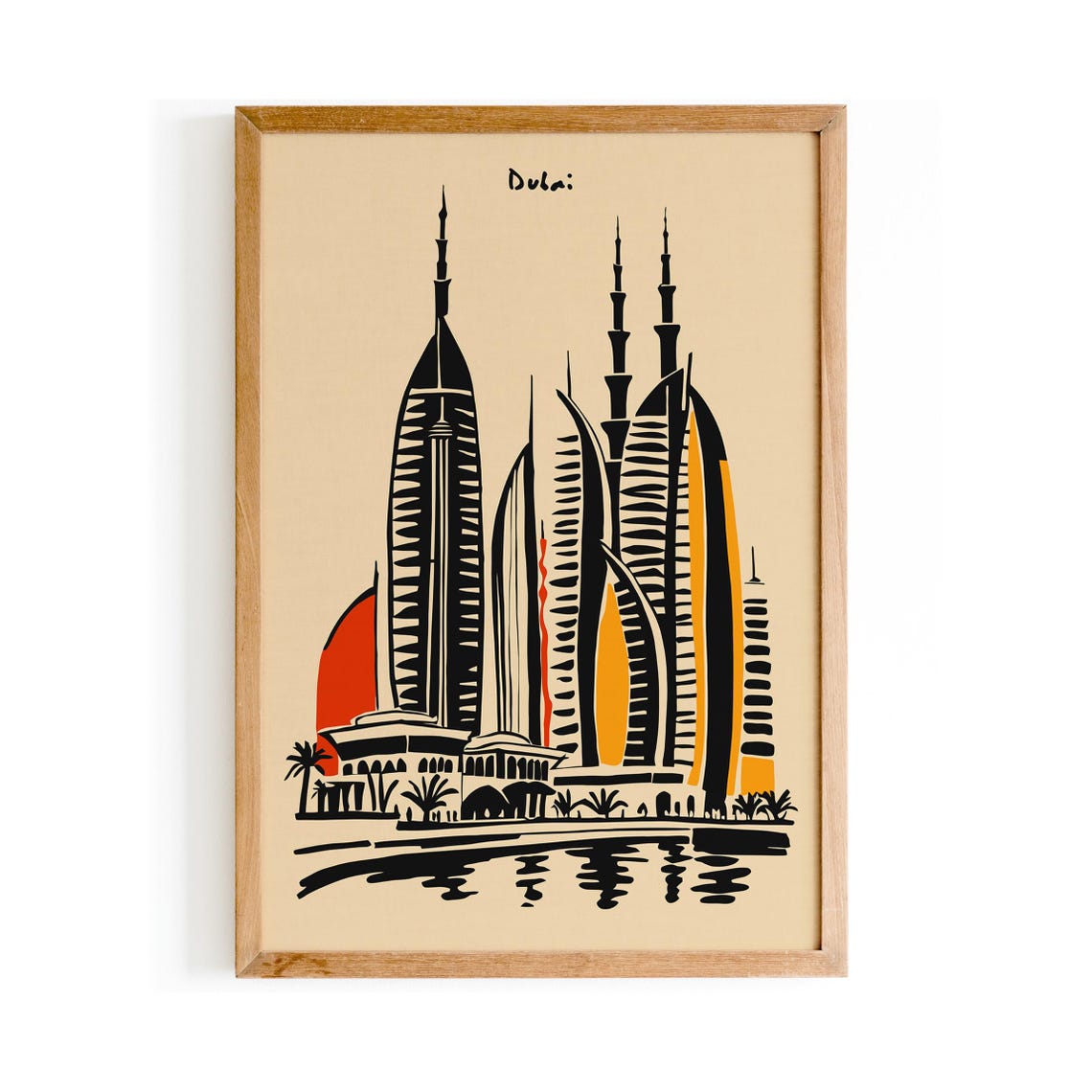Dubai Black Ink Skyscraper Skyline Red Sun Modern Travel Poster