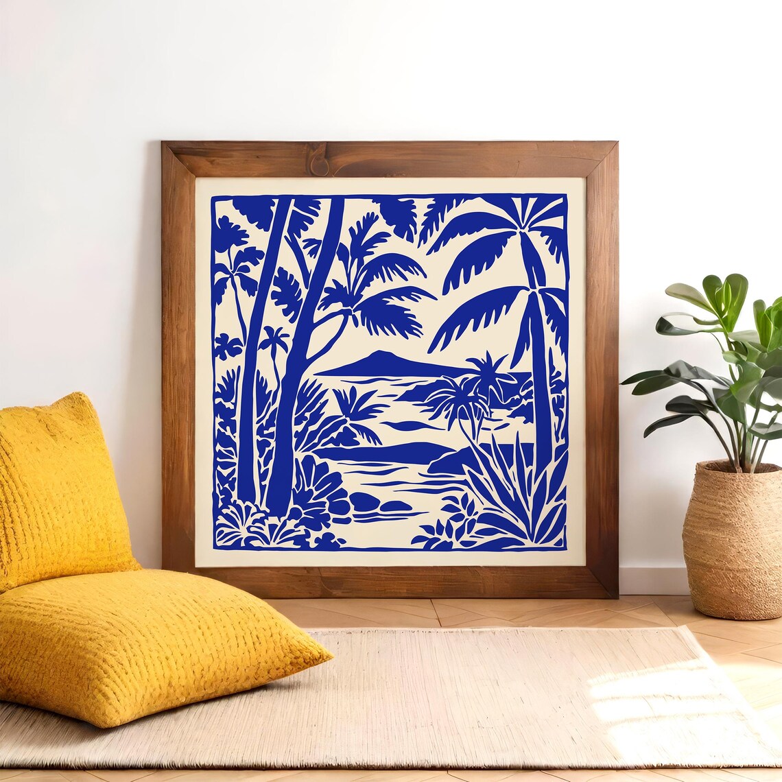Hawaii Blue Ink Palm Lagoon Linocut Tropical Travel Art Poster - Image 2