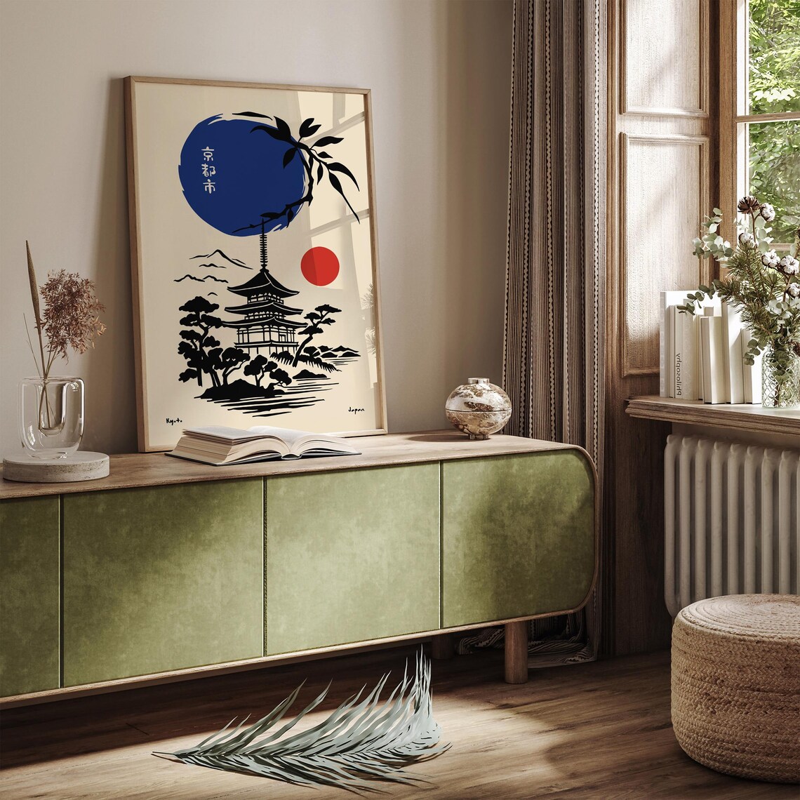 Kyoto Japan Pagoda Poster With Bold Red Sun And Indigo Moon Art - Image 4