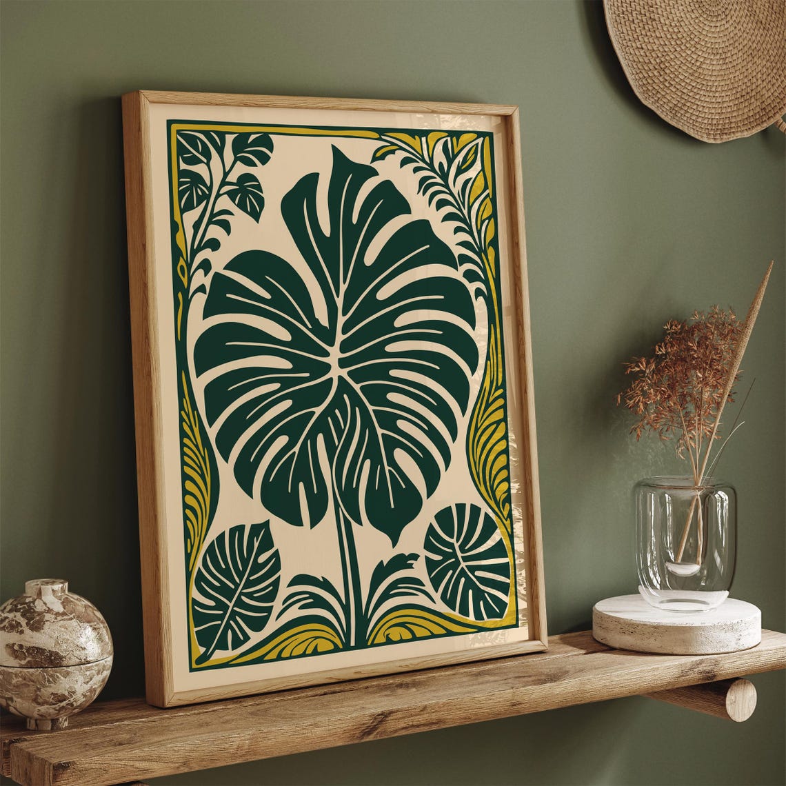 Deep Green Monstera Leaf Boho Tropical Botanical Decor Poster