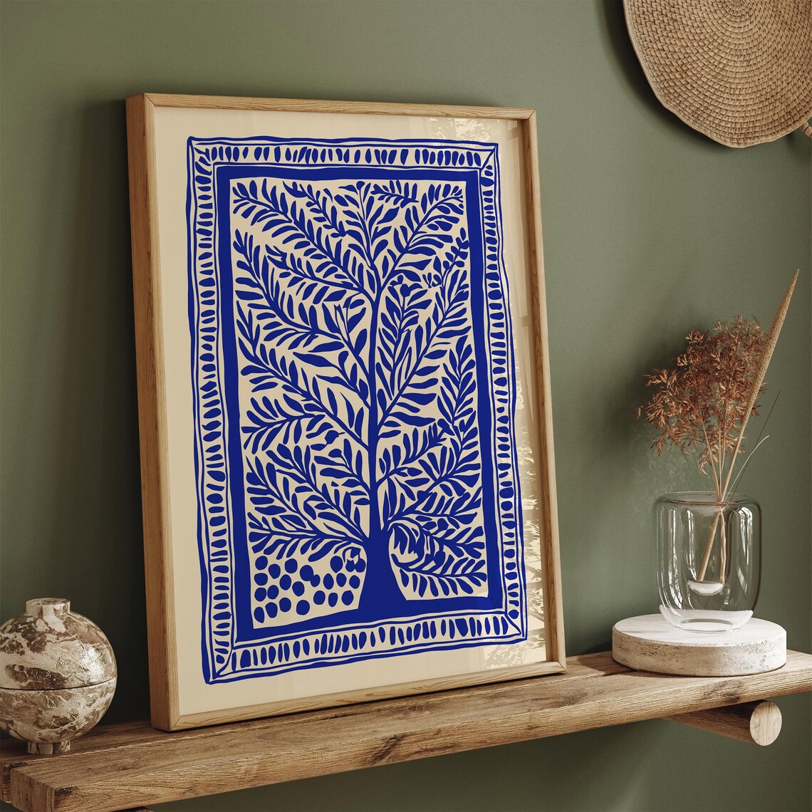 Blue Tree Of Life Botanical Linocut Style Poster With Border - Image 3