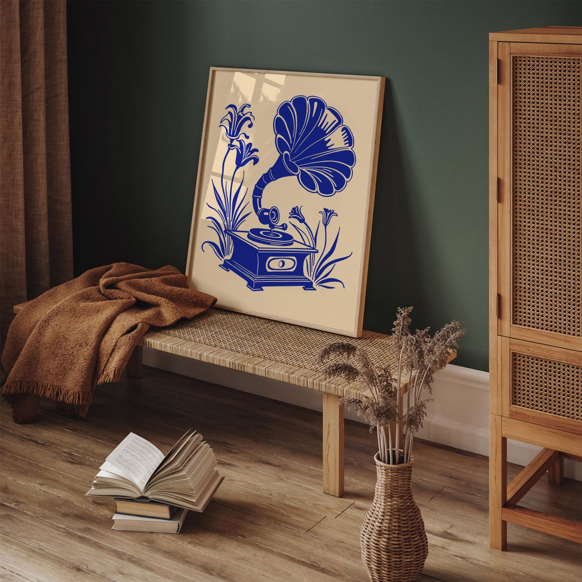 Blue Gramophone With Tall Lilies Vintage Music Room Decor Art Print - Image 5