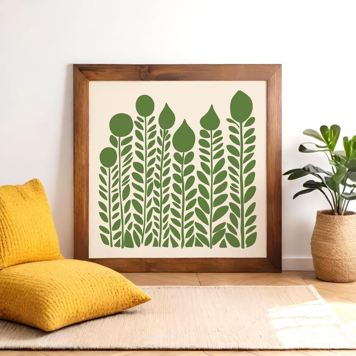 Minimalist Green Plant Stems Scandinavian Square Botanical Poster - Image 3