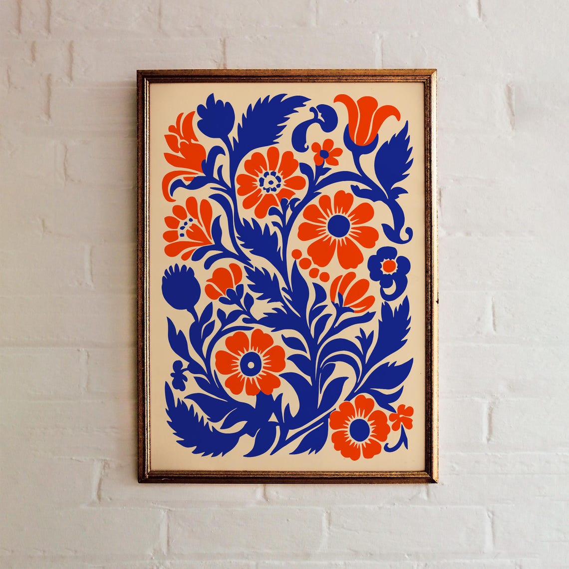 Folk Art Floral Blue Orange Papercut Style Botanical Wall Poster