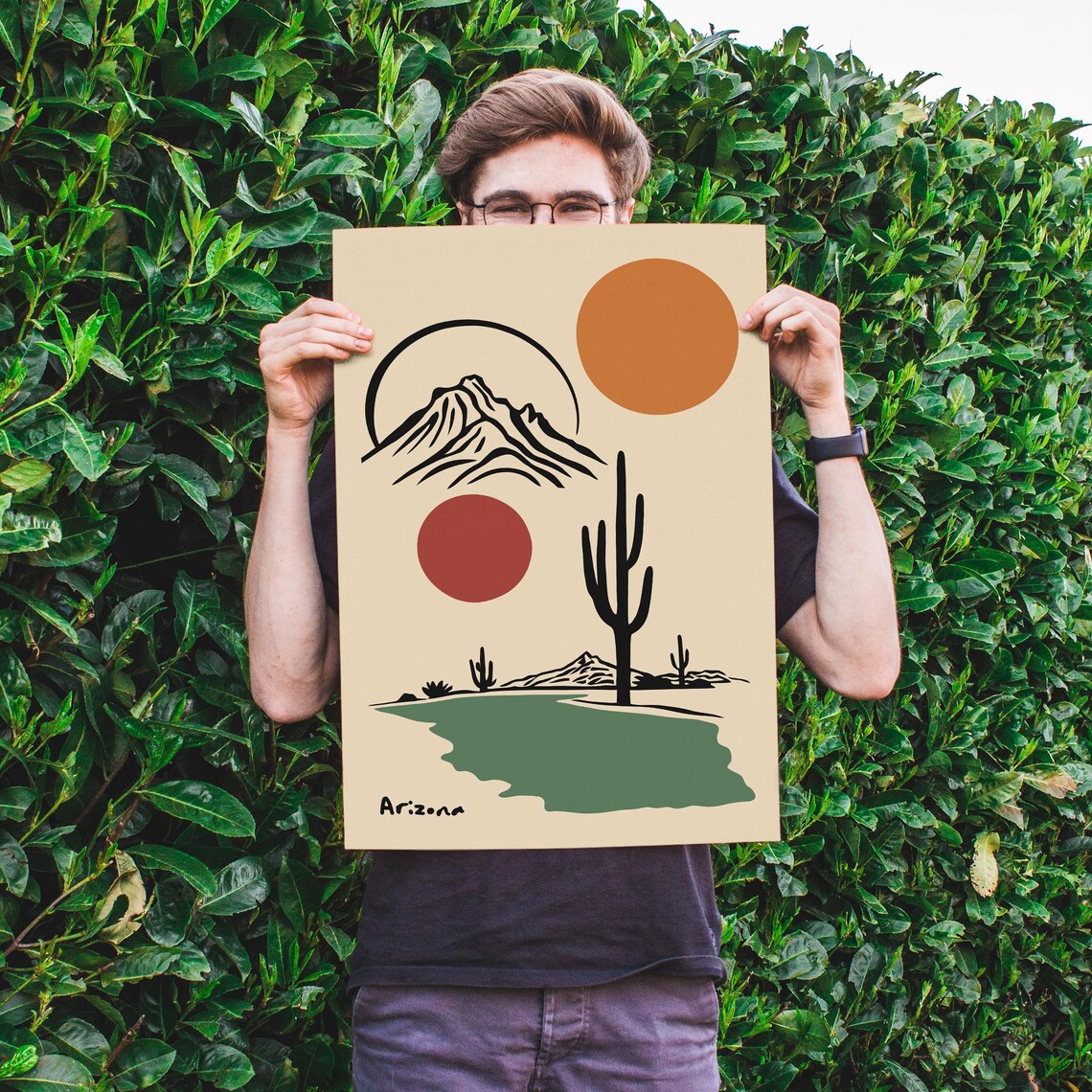 Arizona Minimalist Desert Saguaro Mountain Sun Line Art Poster - Image 5