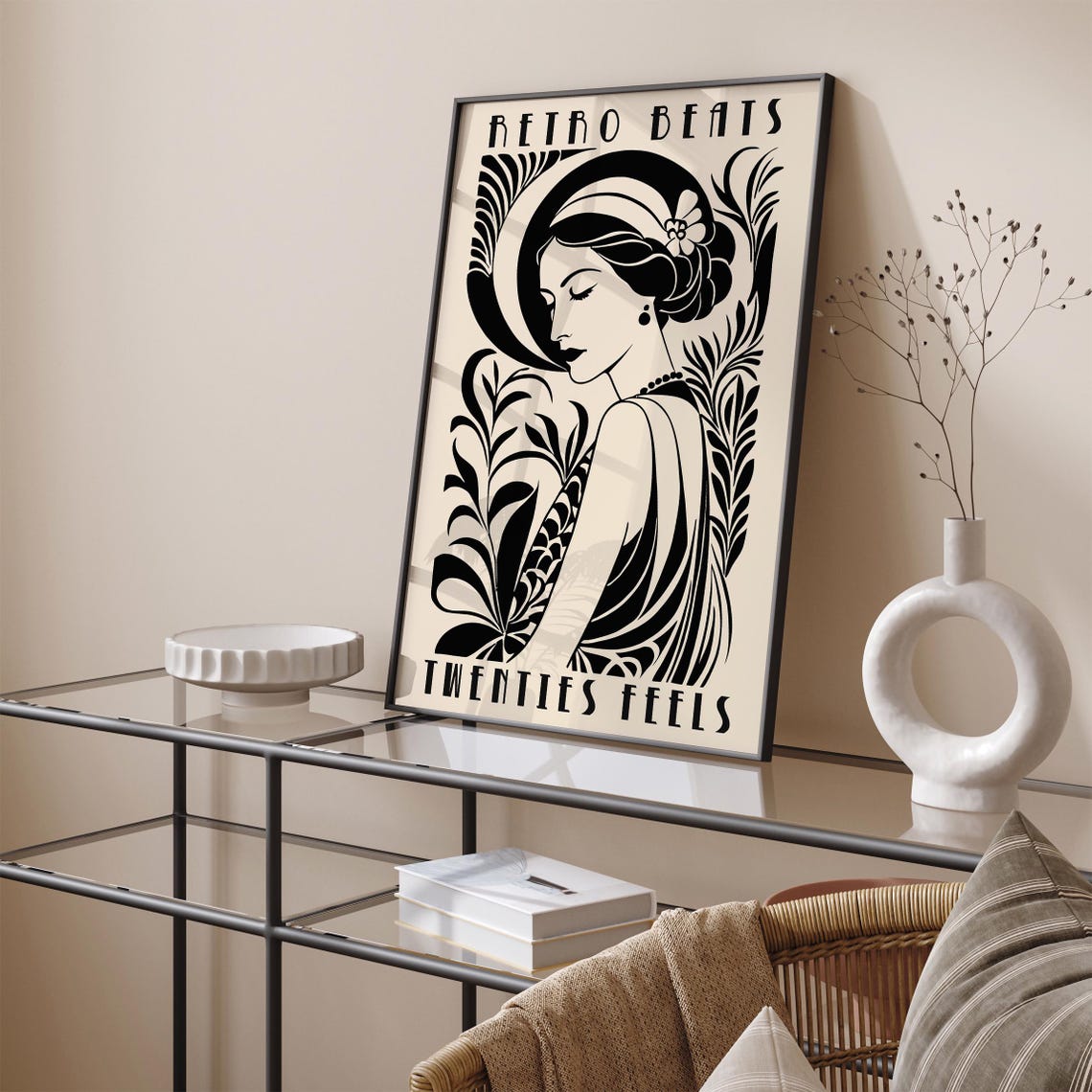 Retro Beats Twenties Flapper Woman Crescent Moon Beige Poster - Image 4