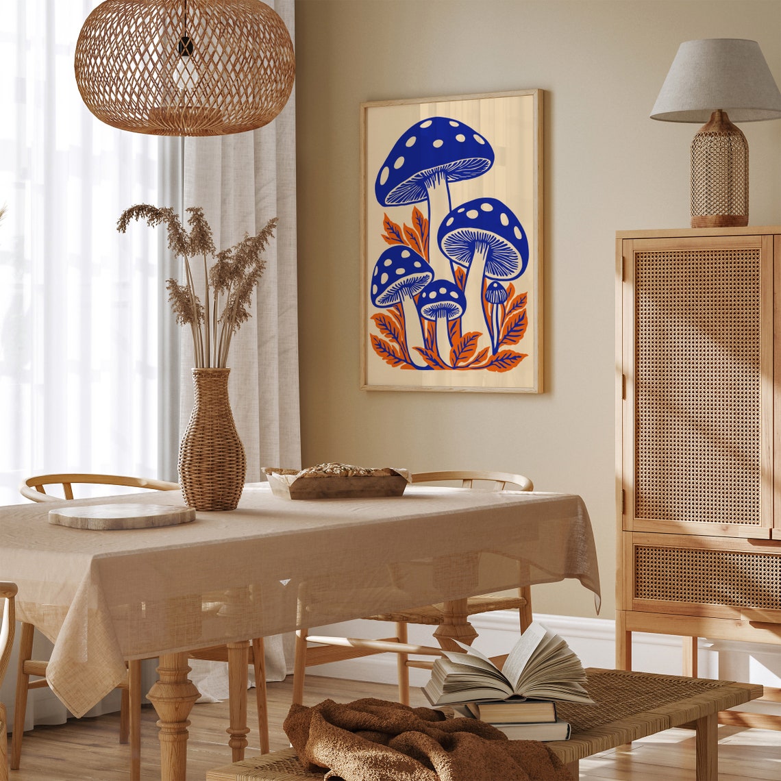 Blue Polka Dot Mushrooms Orange Leaves Retro Botanical Art Poster - Image 2