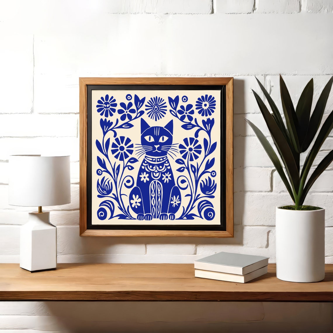 Whimsical Blue Folk Art Cat With Flowers Charming Decor Poster - Image 6